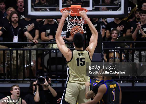 Zach Edey of the Purdue Boilermakers dunks the ball during the first half in the game against the Morehead State Eagles at Mackey Arena on November...