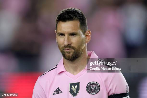 Lionel Messi of Inter Miami CF looks on prior to the Noche d'Or friendly match against the New York City FC at DRV PNK Stadium on November 10, 2023...