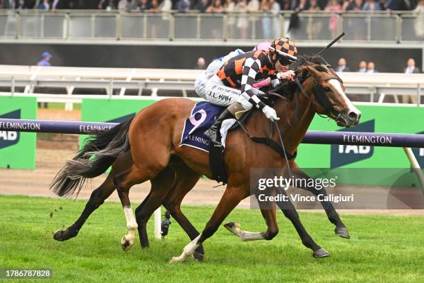 Jamie Kah riding Watadeel winning Race 2, the Resimax Group Always Welcome Stakes, during Stakes Day at Flemington Racecourse on November 11, 2023 in...