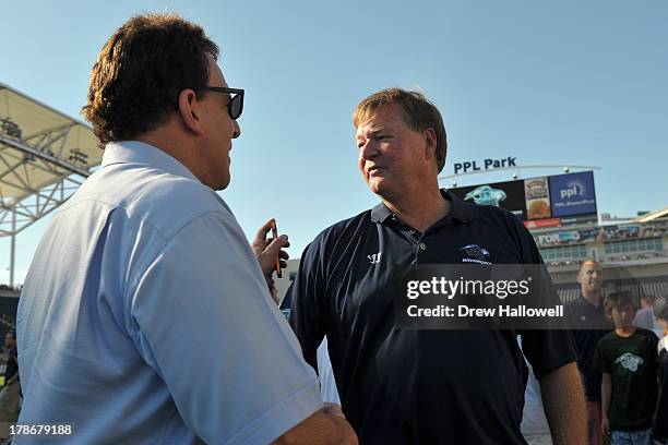 Head coach Dave Cottle of the Chesapeake Bayhawks talks to Jake Steinfeld after the game against the Charlotte Hounds during the MLL Championship at...