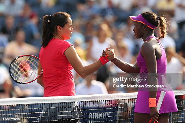 Sloane Stephens of the United States shakes hands with Jamie Hampton United States after their women's singles third round match on Day Five of the...