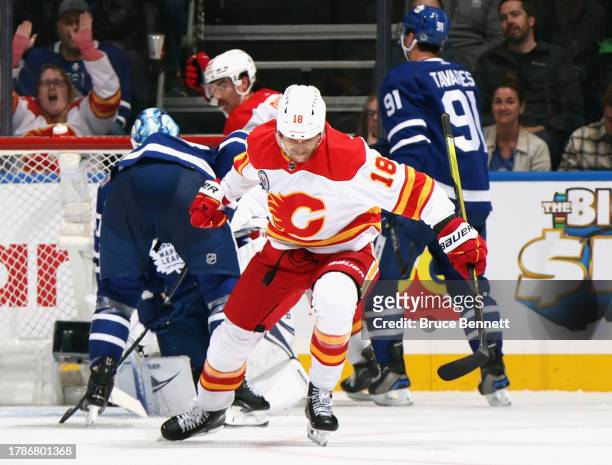 Greer of the Calgary Flames celebrates his second period goal against the Toronto Maple Leafs at Scotiabank Arena on November 10, 2023 in Toronto,...