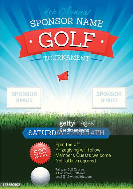 ilustraciones, imágenes clip art, dibujos animados e iconos de stock de póster de golf - sponsor