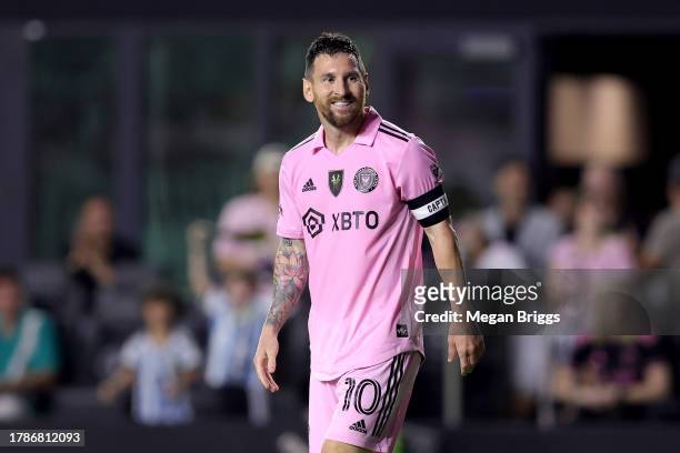 Lionel Messi of Inter Miami CF reacts against the New York City FC during the first half in the Noche d'Or friendly match at DRV PNK Stadium on...