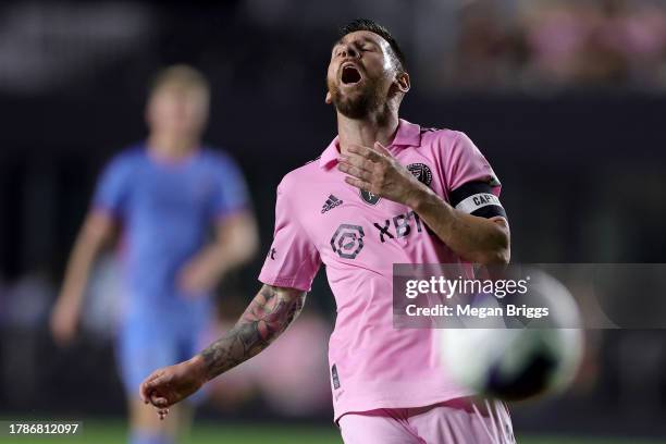 Lionel Messi of Inter Miami CF reacts against the New York City FC during the first half in the Noche d'Or friendly match at DRV PNK Stadium on...