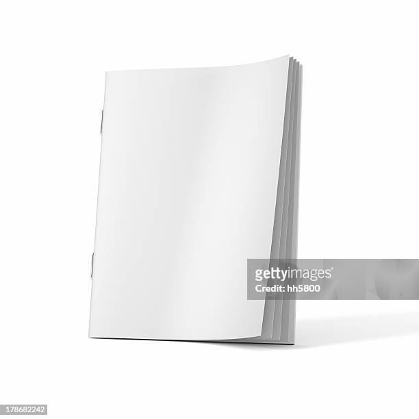 a blank magazine book on a white background - blank brochure cover stockfoto's en -beelden