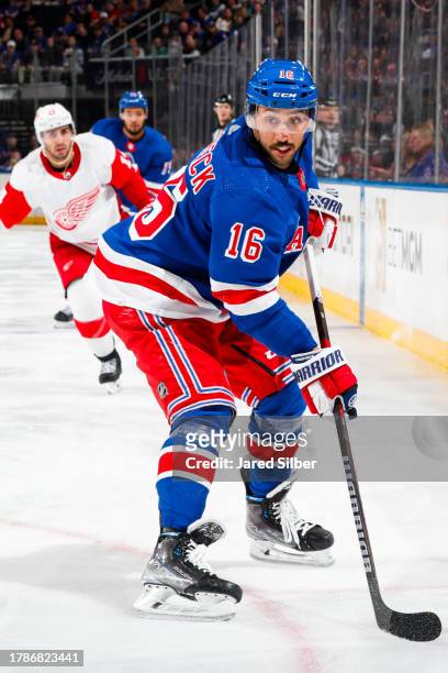 Vincent Trocheck of the New York Rangers skates with the puck against the Detroit Red Wings at Madison Square Garden on November 7, 2023 in New York...