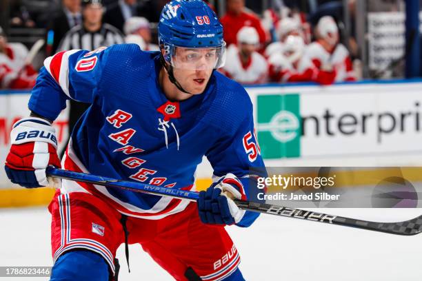 Will Cuylle of the New York Rangers skates against the Detroit Red Wings at Madison Square Garden on November 7, 2023 in New York City.