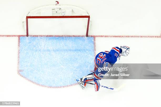 Jonathan Quick of the New York Rangers tends the net against the Detroit Red Wings at Madison Square Garden on November 7, 2023 in New York City.