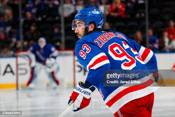 Mika Zibanejad of the New York Rangers skates against the Detroit Red Wings at Madison Square Garden on November 7, 2023 in New York City.