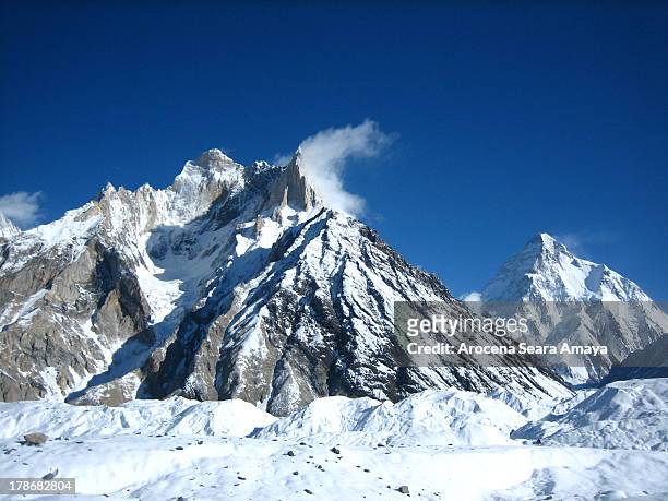 From left to right: Cristal Peak, Marble Peak and K2 in Concordia. Concordia is the name for the confluence of the Baltoro Glacier and the...