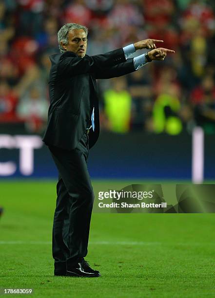 Manager of Chelsea, Jose Mourinho gives direction during the UEFA Super Cup between Bayern Muenchen and Chelsea at Stadion Eden on August 30, 2013 in...