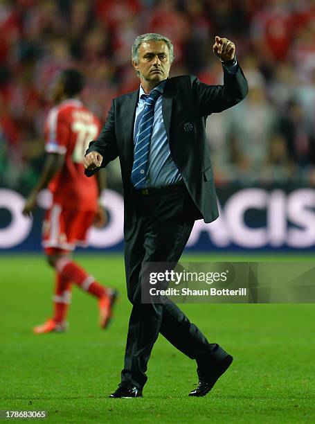 Manager of Chelsea, Jose Mourinho gives direction during the UEFA Super Cup between Bayern Muenchen and Chelsea at Stadion Eden on August 30, 2013 in...