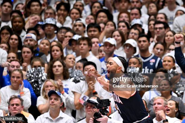 Kylan Boswell of the Arizona Wildcats reacts after a win against the Duke Blue Devils at Cameron Indoor Stadium on November 10, 2023 in Durham, North...