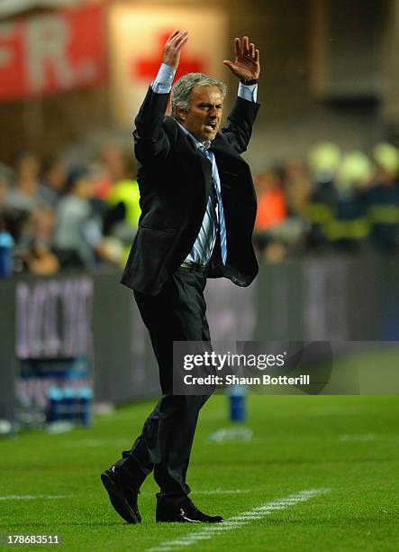 Manager of Chelsea, Jose Mourinho gives encouragement during the UEFA Super Cup between Bayern Muenchen and Chelsea at Stadion Eden on August 30,...