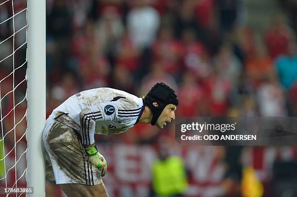 Chelsea's Czech goalkeeper Petr Cech looks on during the UEFA Super Cup football match FC Bayern Munich vs Chelsea FC on August 30, 2013 at the Eden...