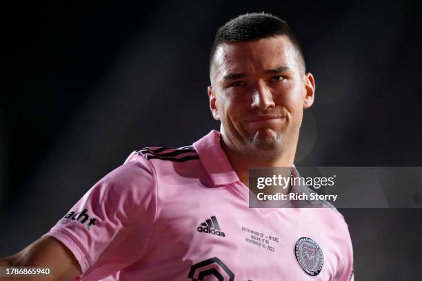 Robbie Robinson of Inter Miami CF celebrates after scoring a goal in the 81st minute against the New York City FC during the second half in the Noche...