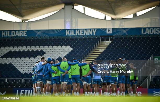 Dublin , Ireland - 17 November 2023; Leinster players huddle during a Leinster Rugby captain's run at the RDS Arena in Dublin.