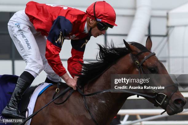 James McDonald riding Schwarz wins race 3 the The Amanda Elliott during Stakes Day at Flemington Racecourse on November 11, 2023 in Melbourne,...