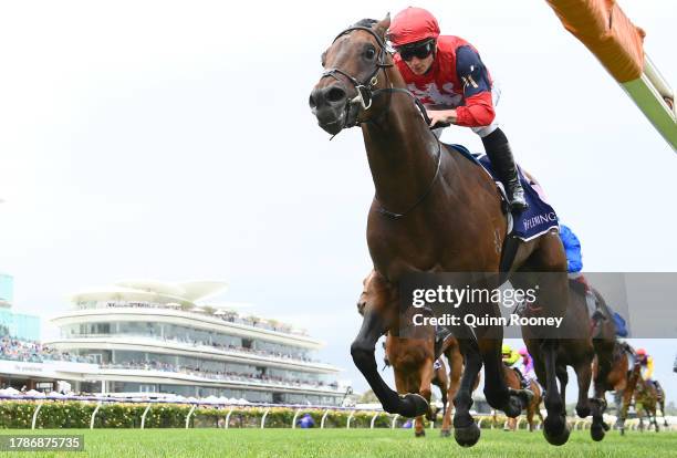 James McDonald riding Schwarz wins the Amanda Elliott during Stakes Day at Flemington Racecourse on November 11, 2023 in Melbourne, Australia.