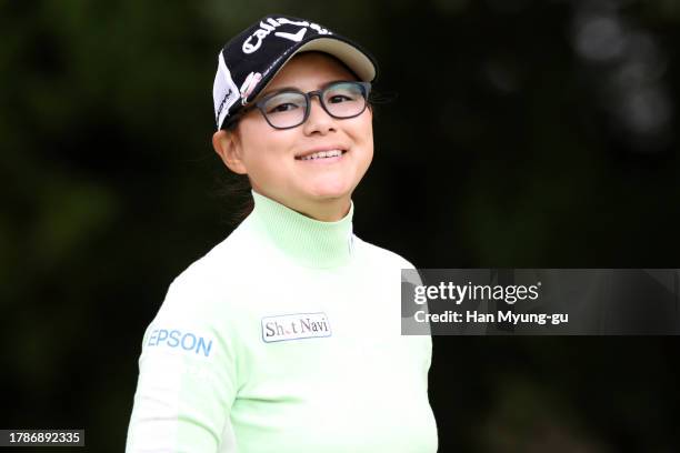 Sakura Yokomine of Japan smiles on the 11th hole during the final round of Yamaguchi Shunan Ladies Cup at Shunan Country Club on November 11, 2023 in...