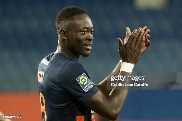 Akor Adams of Montpellier salutes the supporters following the Ligue 1 Uber Eats match between Montpellier HSC and OGC Nice at Stade de la Mosson on...
