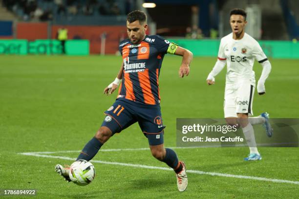 Teji Savanier of Montpellier in action during the Ligue 1 Uber Eats match between Montpellier HSC and OGC Nice at Stade de la Mosson on November 9,...