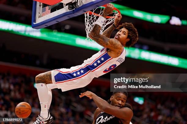 Kelly Oubre Jr. #9 of the Philadelphia 76ers dunks the ball in the second quarter of a game against the Detroit Pistons at Little Caesars Arena on...