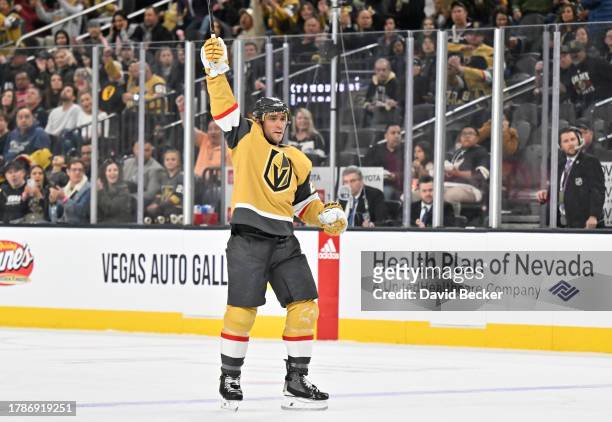 Alec Martinez of the Vegas Golden Knights celebrates after scoring a goal during the first period against the San Jose Sharks at T-Mobile Arena on...