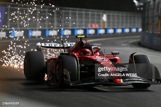 Ferrari's Spanish driver Carlos Sainz Jr., races during the second practice session for the Las Vegas Formula One Grand Prix on November 17 in Las...