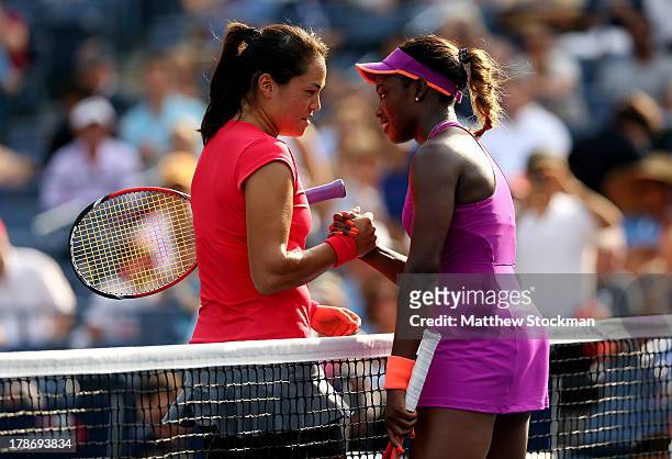 Sloane Stephens of the United States shakes hands with Jamie Hampton United States after their women's singles third round match on Day Five of the...