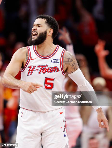 Fred VanVleet of the Houston Rockets celebrates a three point basket late in the second half against the New Orleans Pelicans at Toyota Center on...