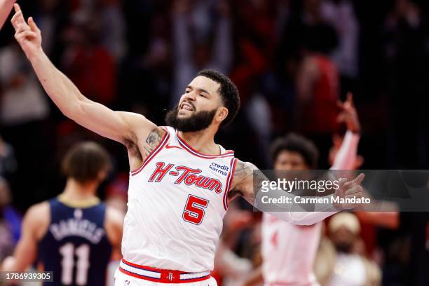 Fred VanVleet of the Houston Rockets celebrates a three point basket late in the second half against the New Orleans Pelicans at Toyota Center on...