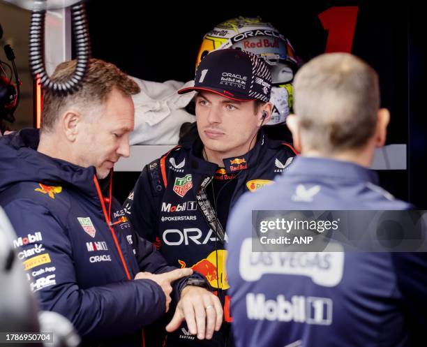 Max Verstappen and Christian Horner prior to the 2nd free practice in the run-up to the Las Vegas Formula 1 Grand Prix at the Las Vegas Strip Circuit...