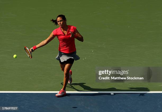 Jamie Hampton of the United States plays a forehand during her women's singles third round match against Sloane Stephens of the United States on Day...