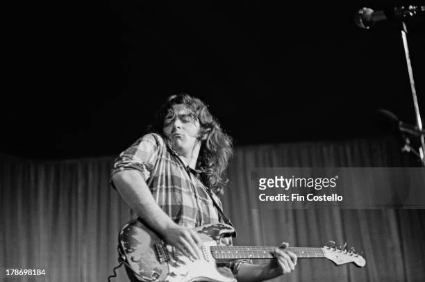 1st FEBRUARY: Irish guitarist Rory Gallagher performs live on stage in Leicester, England in February 1973.