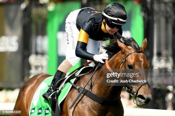 Jamie Kah riding Deny Knowledge wins the TAB Matriarch Stakes during Stakes Day at Flemington Racecourse on November 11, 2023 in Melbourne, Australia.