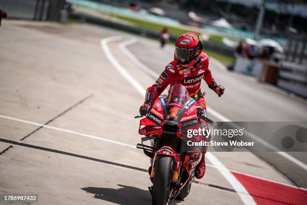 Francesco Bagnaia of Italy and Ducati Lenovo Team enters parc ferme after his fastest lap during the Qualifying of the MotoGP PETRONAS Grand Prix at...