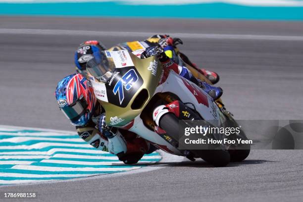 Ai Ogura of Japan and Idemitsu Honda Team Asia rides during Moto2 qualifying at Sepang Circuit on November 11, 2023 in Kuala Lumpur, Malaysia.