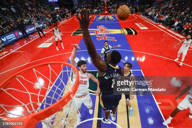 Zion Williamson of the New Orleans Pelicans blocks a shot from Alperen Sengun of the Houston Rockets during the second half at Toyota Center on...