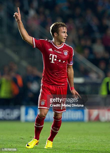 Mario Gotze of Bayern gestures during the UEFA Super Cup match between FC Bayern Muenchen and Chelsea FC at Stadion Eden on August 30, 2013 in...