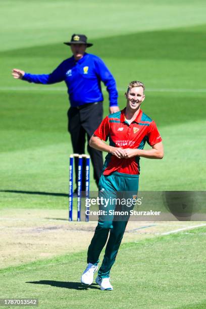 Billy Stanlake of the Tigers reacts during the Marsh One Day Cup match between Tasmania and Victoria at University of Tasmania Stadium, on November...