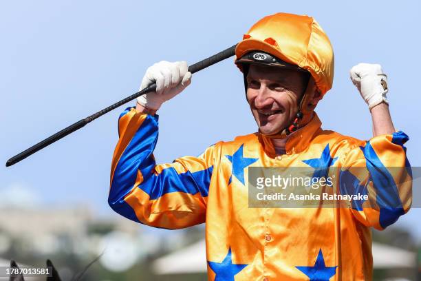 Jockey Opie Bosson riding Imperatriz wins Race 6 the Darley Champions Sprint during Stakes Day at Flemington Racecourse on November 11, 2023 in...