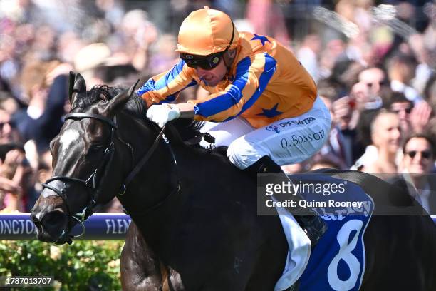 Opie Bosson riding Imperatriz wins the Darley Champions Sprint during Stakes Day at Flemington Racecourse on November 11, 2023 in Melbourne,...