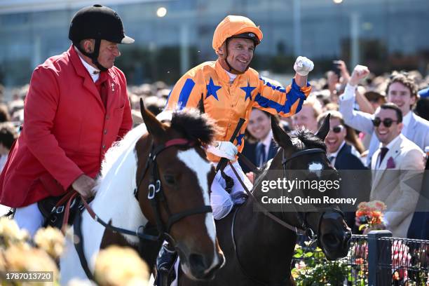 Opie Bosson riding Imperatriz wins the Darley Champions Sprint during Stakes Day at Flemington Racecourse on November 11, 2023 in Melbourne,...