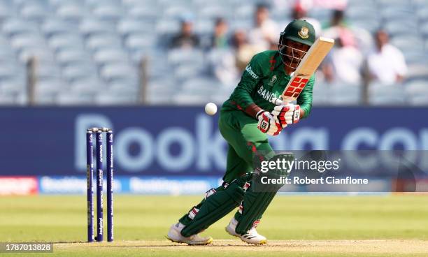 Tanzid Hasan of Bangladesh plays a shot during the ICC Men's Cricket World Cup India 2023 between Australia and Bangladesh at MCA International...