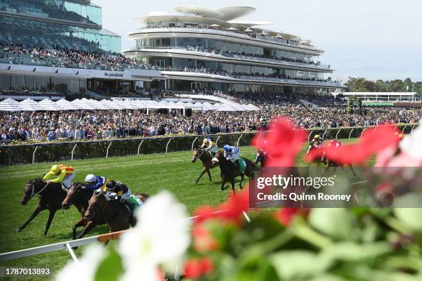 Jamie Kah riding Deny Knowledge wins the TAB Matriarch Stakes during Stakes Day at Flemington Racecourse on November 11, 2023 in Melbourne, Australia.