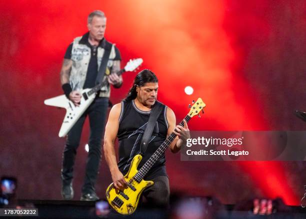 James Hetfield and Robert Trujillo of Metallica perform Ford Field on November 10, 2023 in Detroit, Michigan.