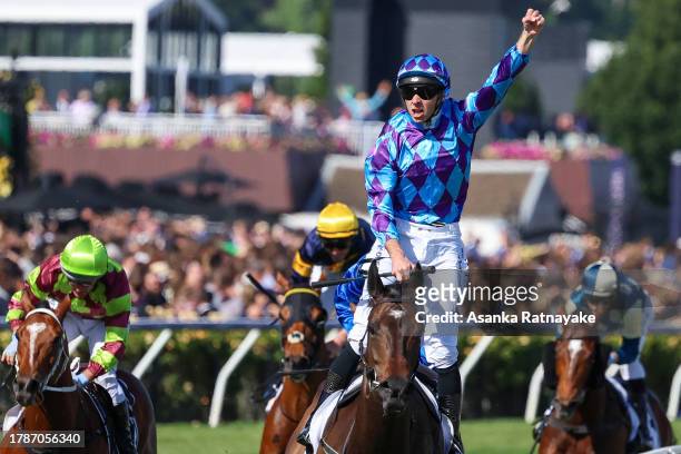 Jockey Declan Bates riding Pride Of Jenni wins Race 7 the Kennedy Champions Mile during Stakes Day at Flemington Racecourse on November 11, 2023 in...