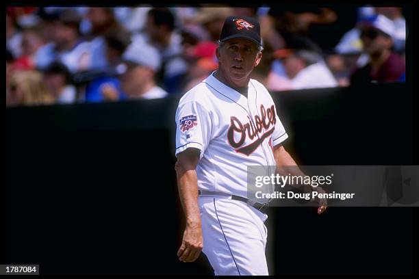Manager Davey Johnson of the Baltimore Orioles looks on during a game against the Chicago White Sox at Oriole Park at Camden Yards in Baltimore,...